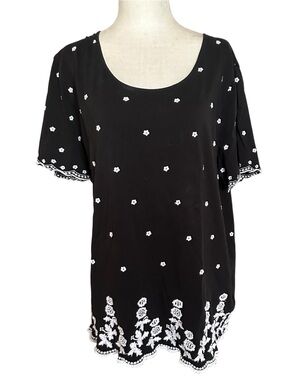 JM Collection Black Scoop Neck Top with White Floral Embroidery 1X